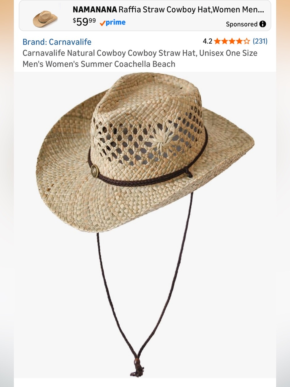 Natural Straw Cowboy Hat with Chin Cord - Natural
